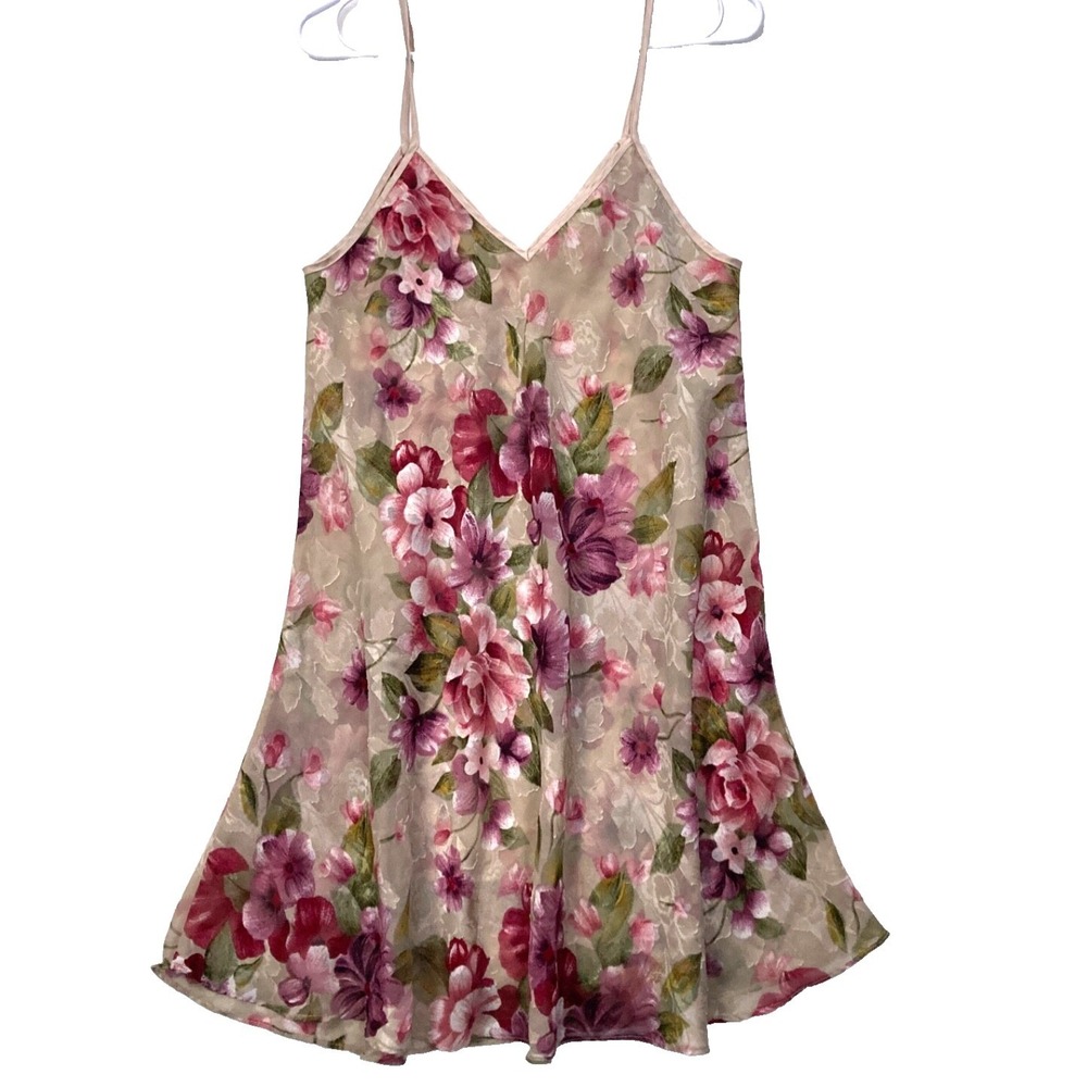 VTG Romantic Floral Slip Dress Sheer LA Intimates Chemise Nightie Taupe Womens M
